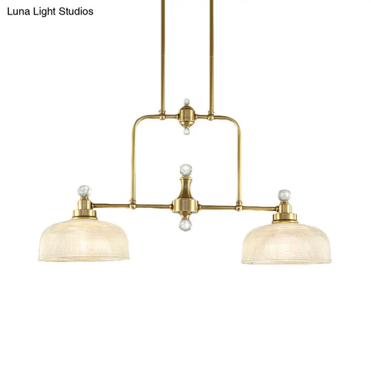 Country Style Gold Island Pendant With Clear Prismatic Glass And 2 Bulbs - Metal Hanging Light Kit