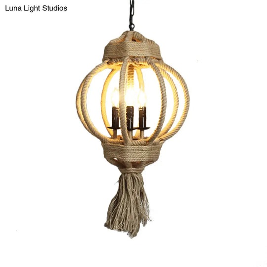 Country Style Hemp Rope Chandelier: 3-Bulb Lantern Cage Hanging Lamp In Beige For Restaurants