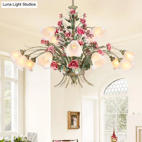 Country Style Metal Chandelier With Curving Arm - 16-Bulb Led Flower Pendant Light Green Ideal For