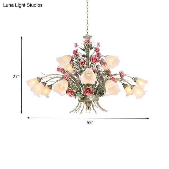Country Style Metal Chandelier With Curving Arm - 16-Bulb Led Flower Pendant Light Green Ideal For