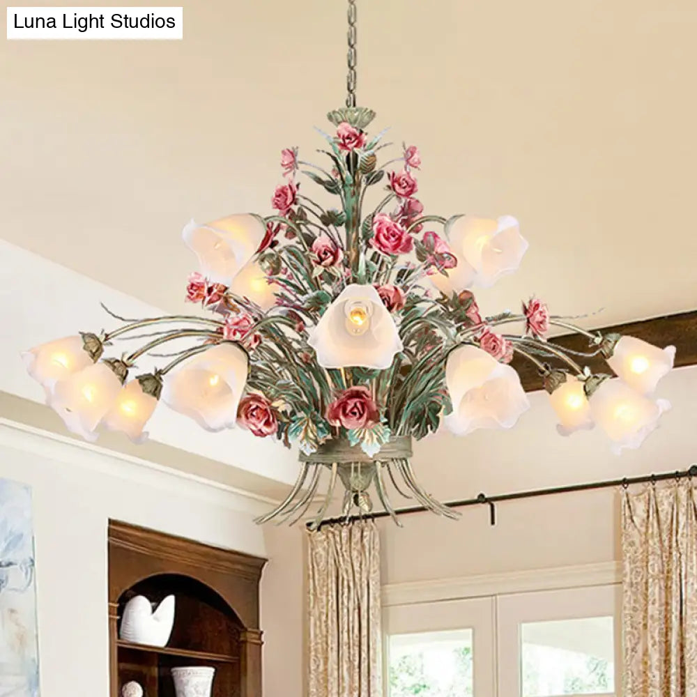 Country Style Metal Chandelier With Curving Arm - 16-Bulb Led Flower Pendant Light Green Ideal For