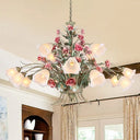 Country Style Metal Chandelier With Curving Arm - 16-Bulb Led Flower Pendant Light Green Ideal For