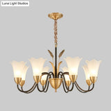 Country Style Mini Flower Pendulum Chandelier With Frosted Glass And Scroll Arm In Black/Gold - 6/8