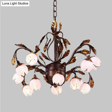 Country Style Purple Glass Blossom Chandelier - 12 Heads Pendant Light Fixture Brown Ideal For