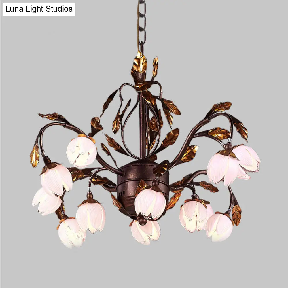 Country Style Purple Glass Blossom Chandelier - 12 Heads Pendant Light Fixture Brown Ideal For