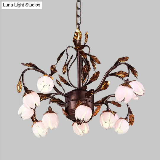 Country Style Purple Glass Blossom Chandelier - 12 Heads Pendant Light Fixture Brown Ideal For