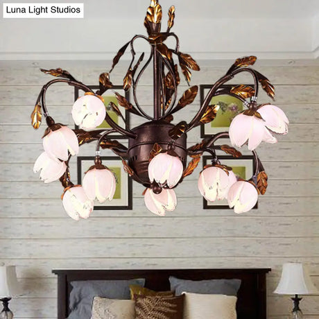 Country Style Purple Glass Blossom Chandelier - 12 Heads Pendant Light Fixture Brown Ideal For