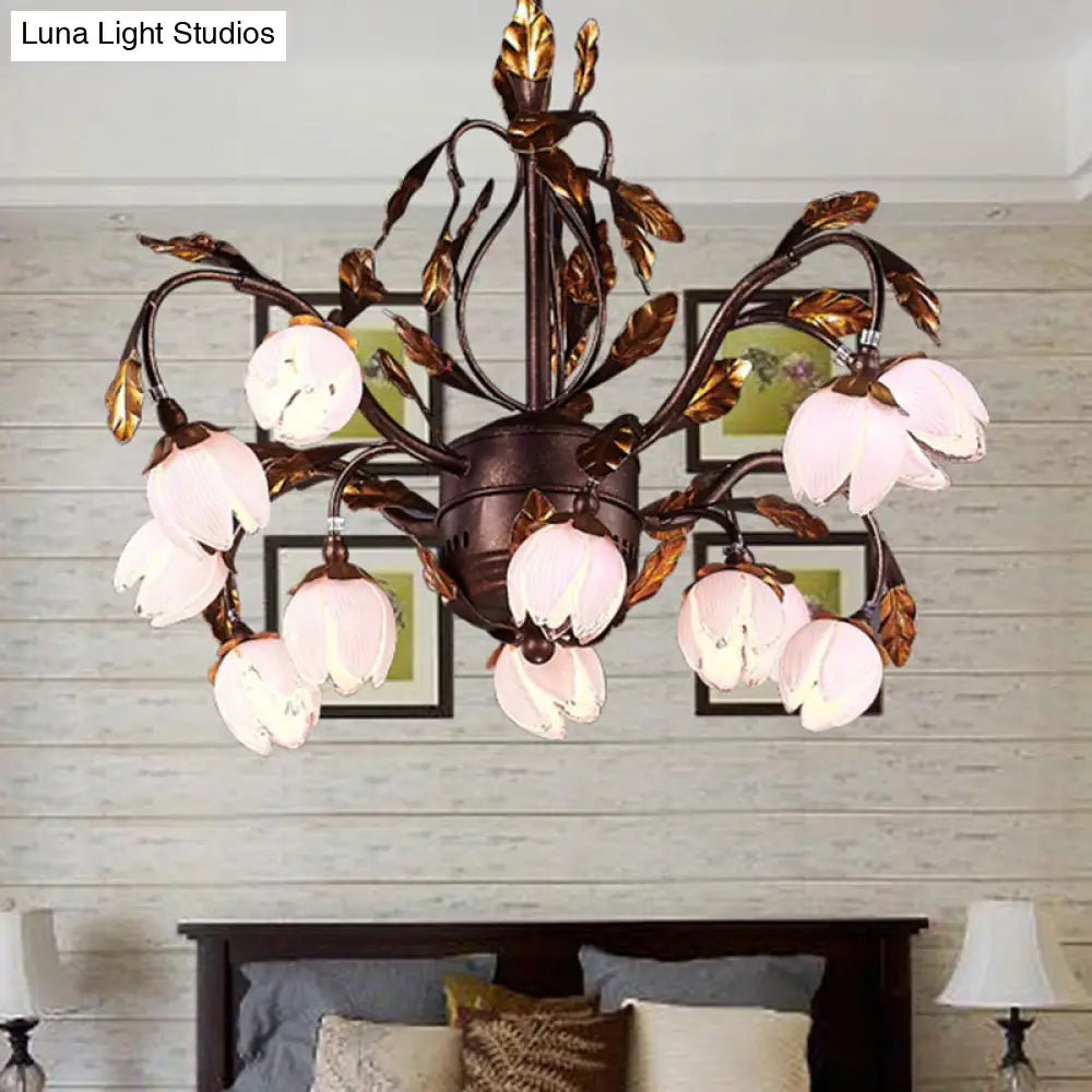 Country Style Purple Glass Blossom Chandelier - 12 Heads Pendant Light Fixture Brown Ideal For