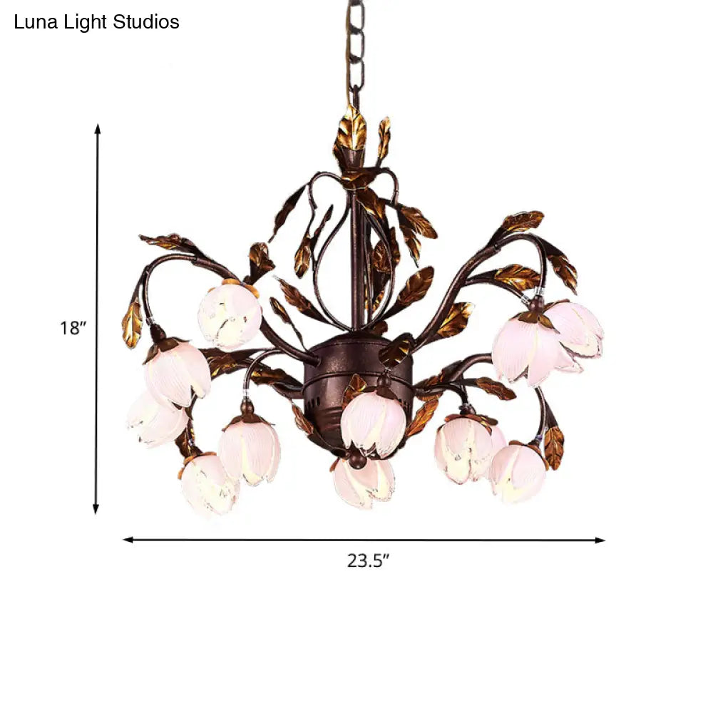 Country Style Purple Glass Blossom Chandelier - 12 Heads Pendant Light Fixture Brown Ideal For