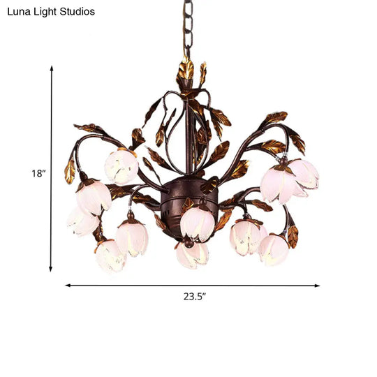 Country Style Purple Glass Blossom Chandelier - 12 Heads Pendant Light Fixture Brown Ideal For