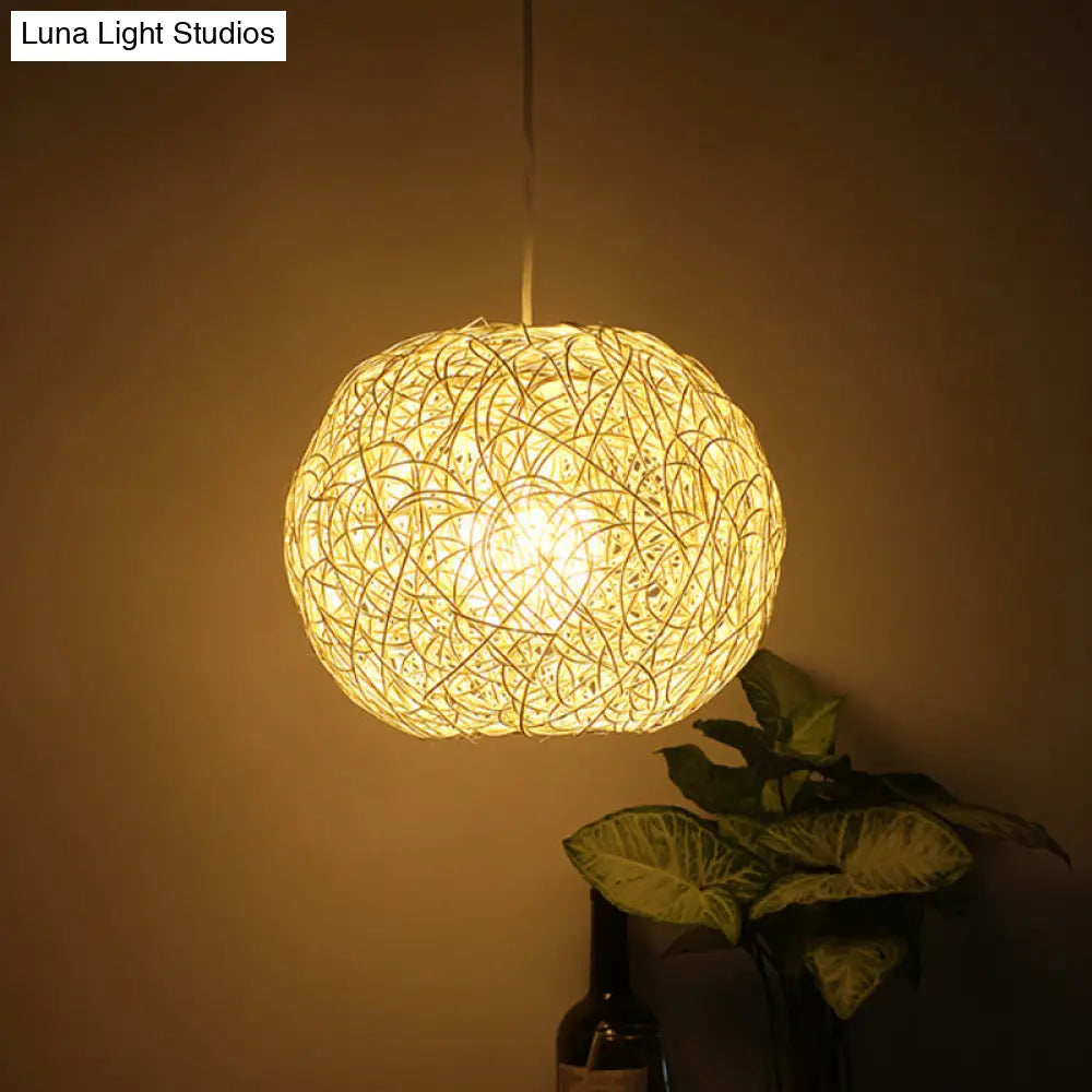 Country Style Rattan Orb Pendant Ceiling Light In Beige - Rustic One-Light Hanging Lighting