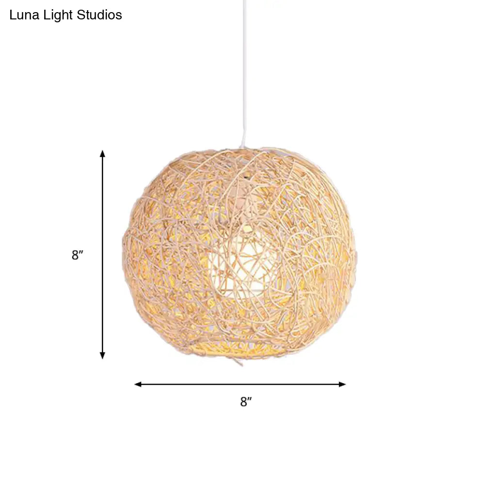 Country Style Rattan Orb Pendant Ceiling Light In Beige - Rustic One-Light Hanging Lighting