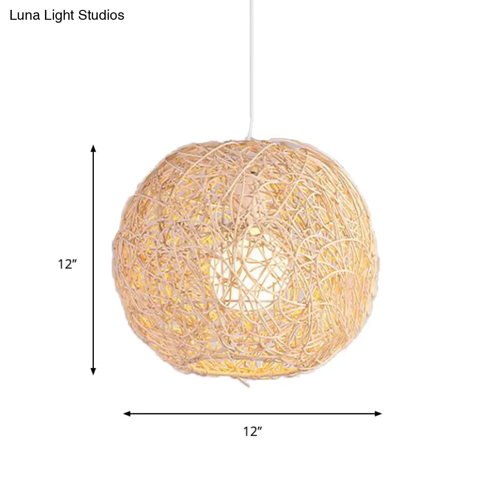Country Style Rattan Orb Pendant Ceiling Light In Beige - Rustic One-Light Hanging Lighting