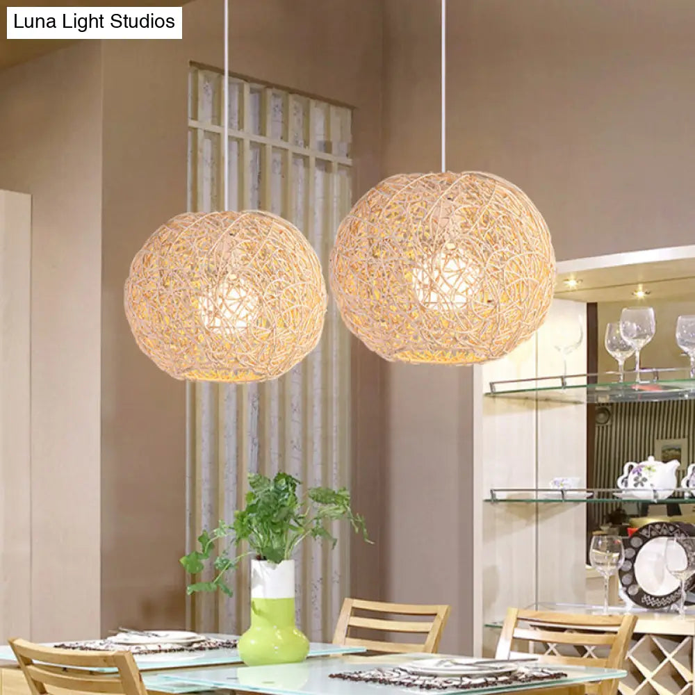 Country Style Rattan Orb Pendant Ceiling Light In Beige - Rustic One-Light Hanging Lighting Brown /
