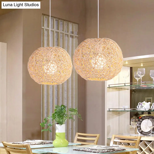 Country Style Rattan Orb Pendant Ceiling Light In Beige - Rustic One-Light Hanging Lighting Brown /