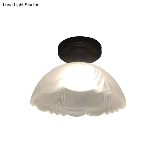Country Style Ribbed Clear Glass Flower Flush Mount Light Fixture With Black Single Bulb Ceiling