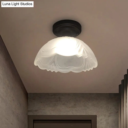 Country Style Ribbed Clear Glass Flower Flush Mount Light Fixture With Black Single Bulb Ceiling