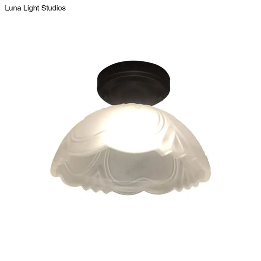 Country Style Ribbed Clear Glass Flower Flush Mount Light Fixture With Black Single Bulb Ceiling