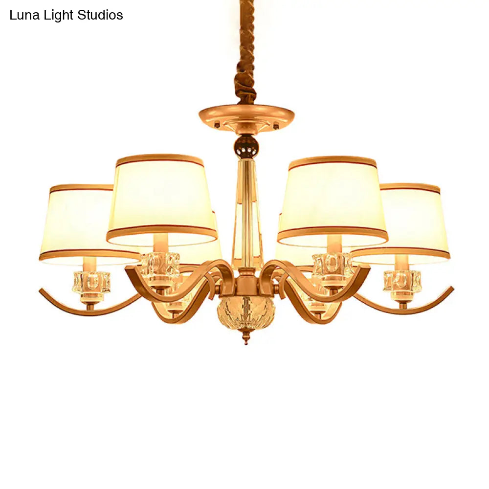 Country Style White Chandelier Pendant Light For Living Room - Fabric Tapered Design 3/6/8-Bulb