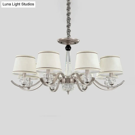 Country Style White Chandelier Pendant Light For Living Room - Fabric Tapered Design 3/6/8-Bulb