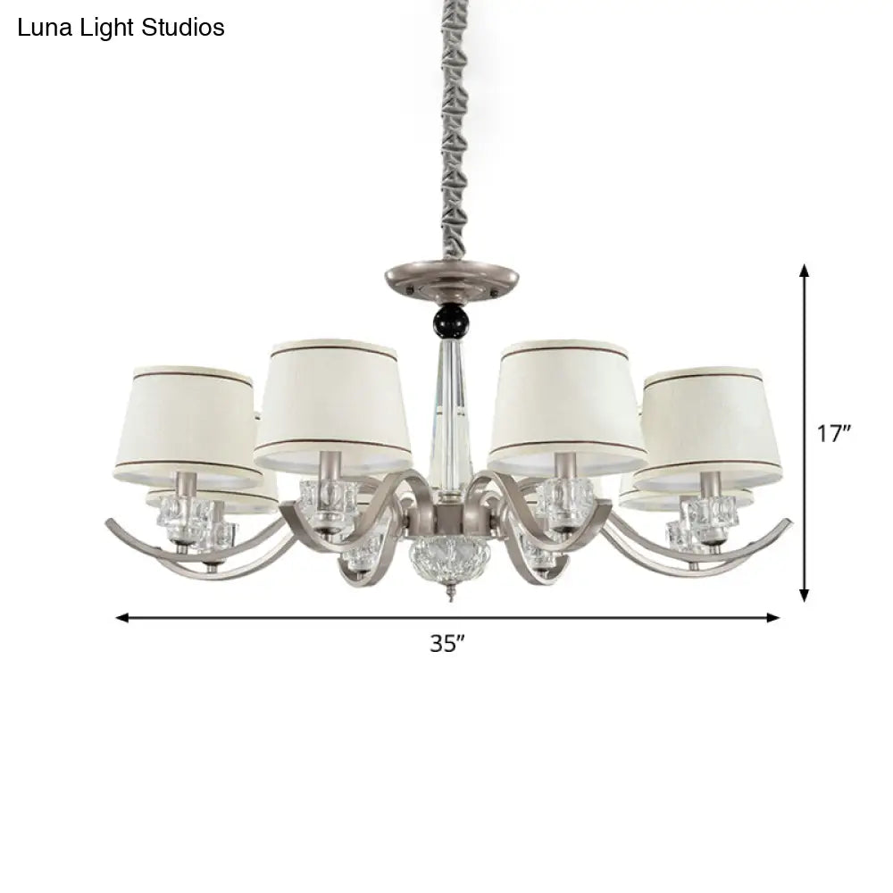 Country Style White Chandelier Pendant Light For Living Room - Fabric Tapered Design 3/6/8-Bulb