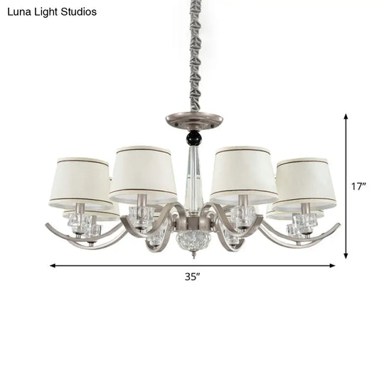 Country Style White Chandelier Pendant Light For Living Room - Fabric Tapered Design 3/6/8-Bulb