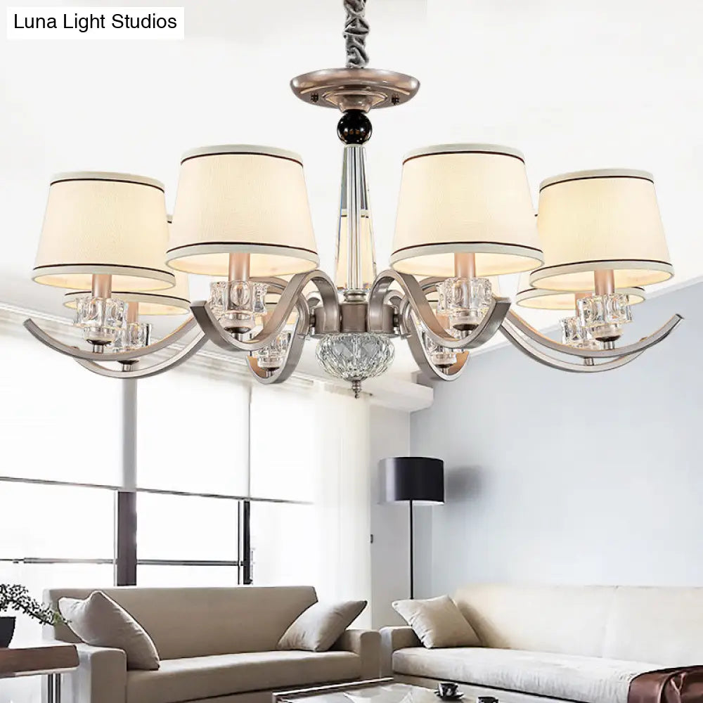 Country Style White Chandelier Pendant Light For Living Room - Fabric Tapered Design 3/6/8-Bulb