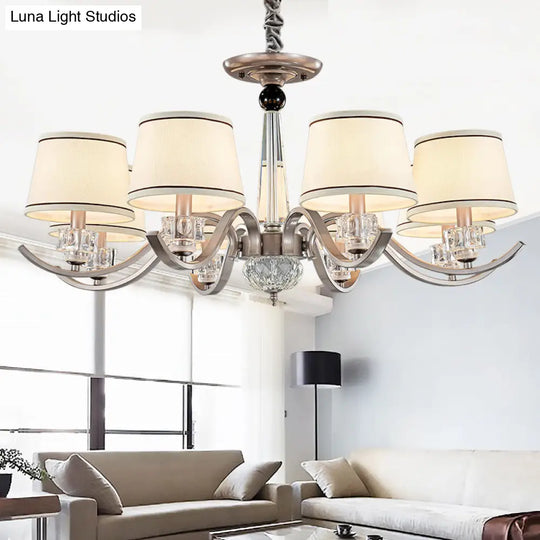 Country Style White Chandelier Pendant Light For Living Room - Fabric Tapered Design 3/6/8-Bulb