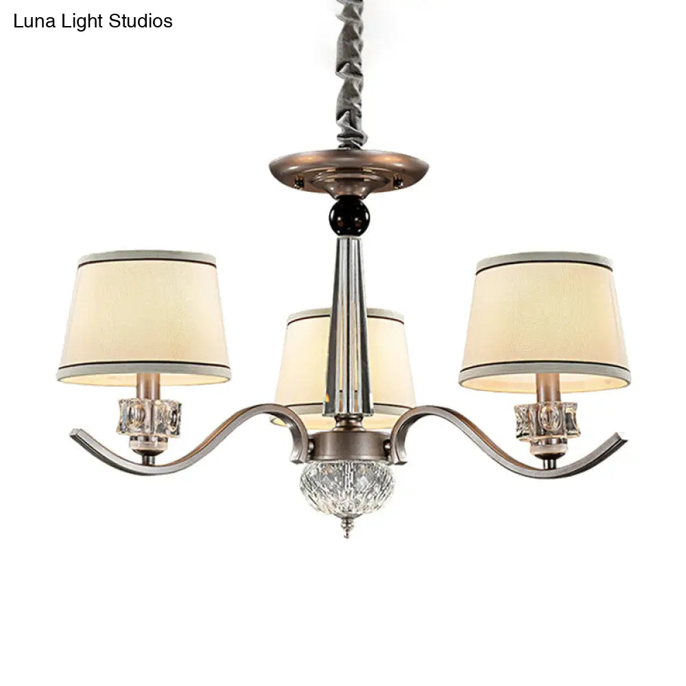Country Style White Chandelier Pendant Light For Living Room - Fabric Tapered Design 3/6/8-Bulb