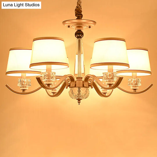 Country Style White Chandelier Pendant Light For Living Room - Fabric Tapered Design 3/6/8-Bulb