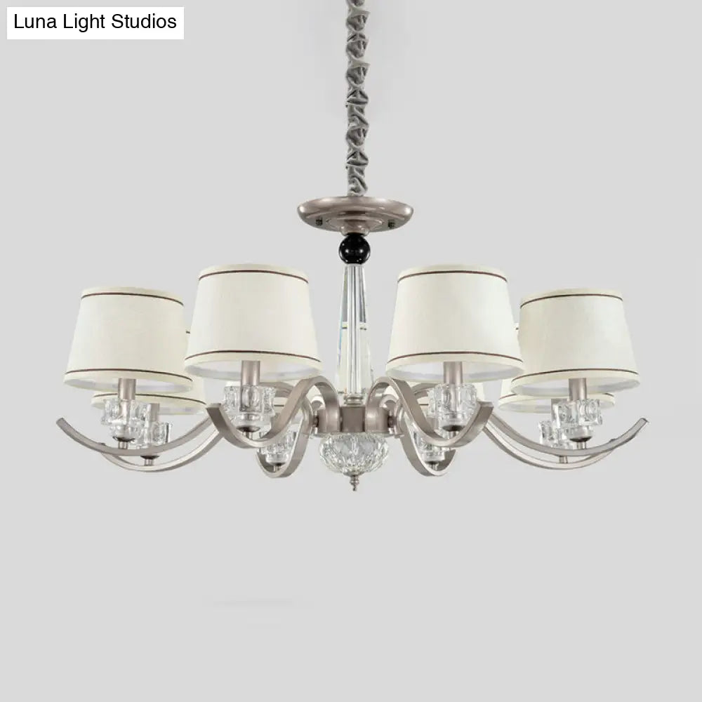 Country Style White Chandelier Pendant Light For Living Room - Fabric Tapered Design 3/6/8-Bulb