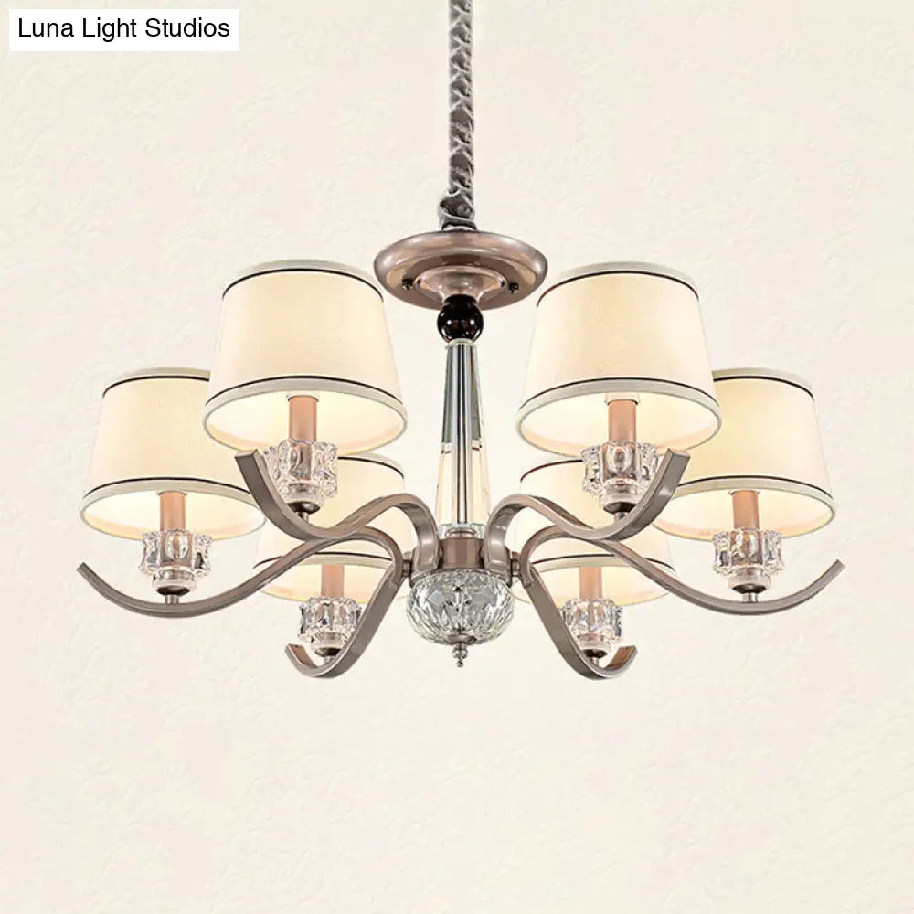 Country Style White Chandelier Pendant Light For Living Room - Fabric Tapered Design 3/6/8-Bulb