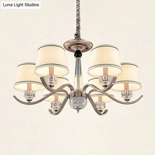 Country Style White Chandelier Pendant Light For Living Room - Fabric Tapered Design 3/6/8-Bulb