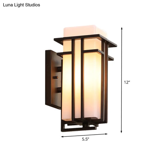 Country Style White Glass Wall Sconce With Black Metal Frame - 1 Head Outdoor Mount Light