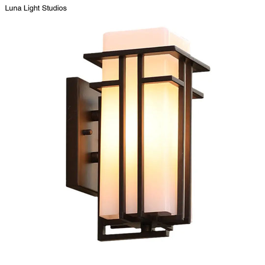 Country Style White Glass Wall Sconce With Black Metal Frame - 1 Head Outdoor Mount Light