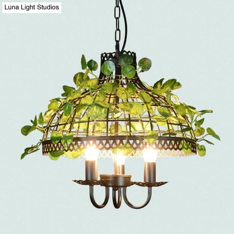 Country Style Wire Cage Iron Chandelier - Green Hanging Ceiling Light With Artificial Vine