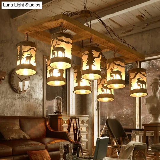 Country Style Wood And Metal 8-Light Linear Ceiling Chandelier - Bronze Finish