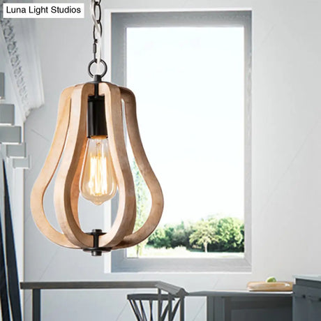 Country Style Wood Gourd Hanging Lamp - Black Metal Chain 1 Light Suspended Fixture