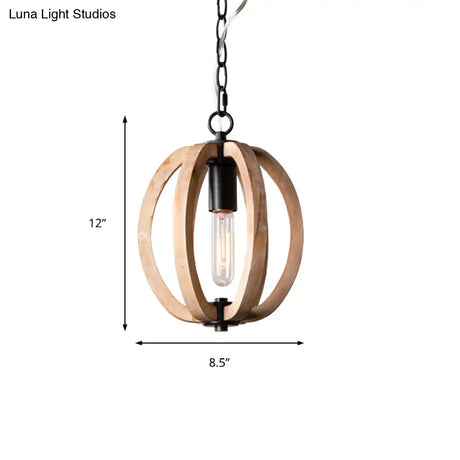 Country Style Wood Orb Drop Ceiling Pendant Light In Black For Foyer