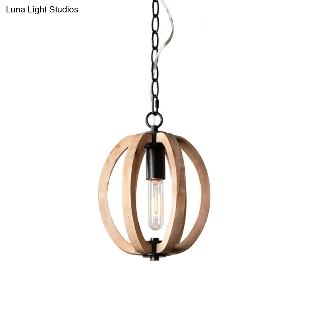 Country Style Wood Orb Drop Ceiling Pendant Light In Black For Foyer