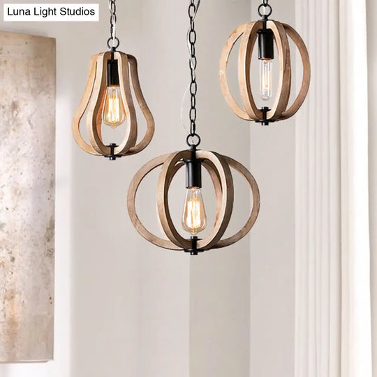 Country Style Wood Orb Drop Ceiling Pendant Light In Black For Foyer