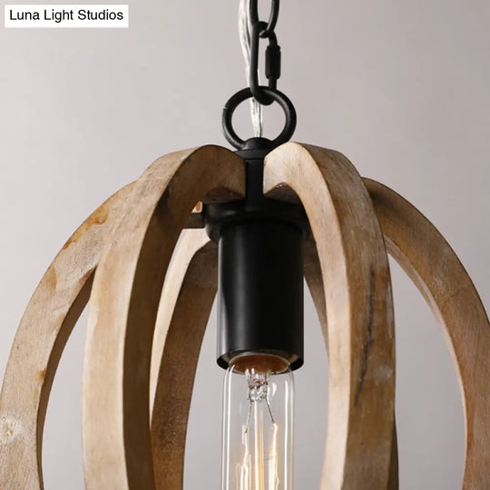 Country Style Wood Orb Drop Ceiling Pendant Light In Black For Foyer