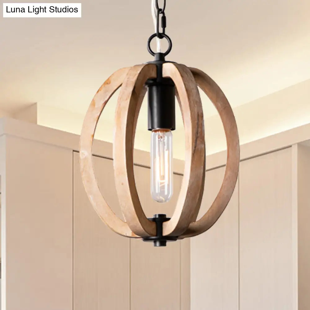 Country Style Wood Orb Drop Ceiling Pendant Light In Black For Foyer
