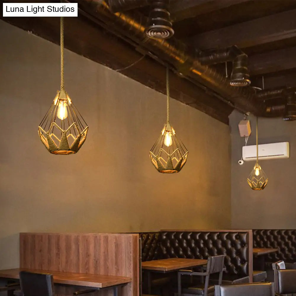 Rustic Wood And Rope Hanging Pendant Light For Restaurants With Single Cage Shade / Crown
