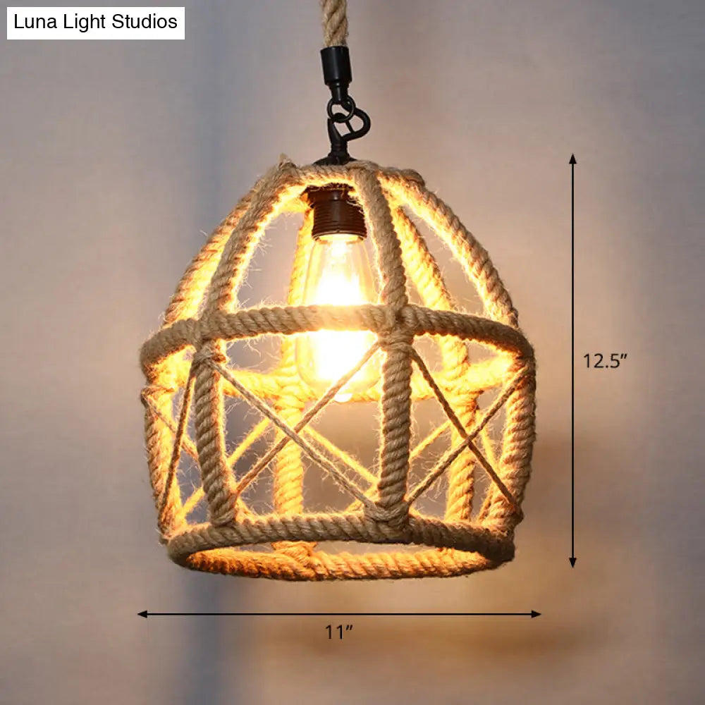 Country Style Wood Rope Pendant Light For Restaurants - Single Cage Shade Suspension