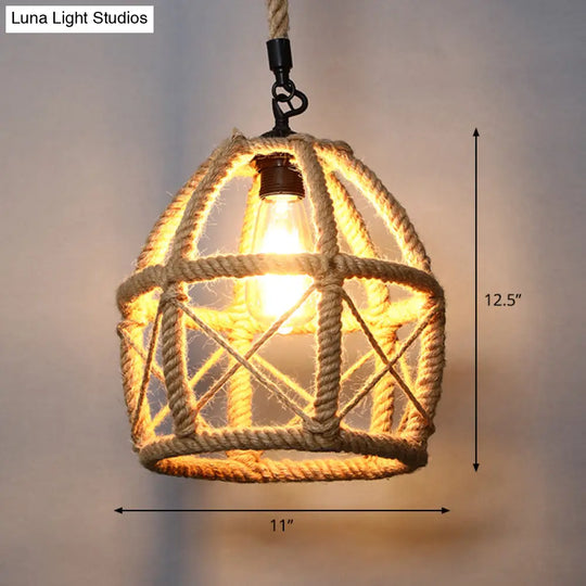 Country Style Wood Rope Pendant Light For Restaurants - Single Cage Shade Suspension
