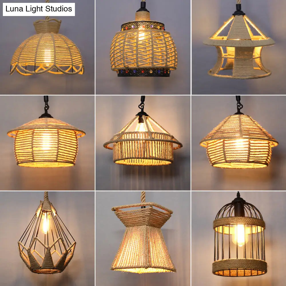 Rustic Wood And Rope Hanging Pendant Light For Restaurants With Single Cage Shade / Birdcage