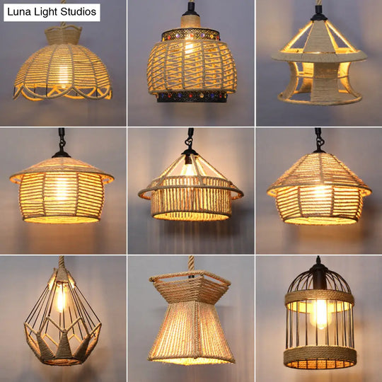 Rustic Wood And Rope Hanging Pendant Light For Restaurants With Single Cage Shade / Birdcage