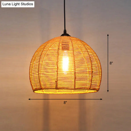 Country Style Wood Rope Pendant Light For Restaurants - Single Cage Shade Suspension