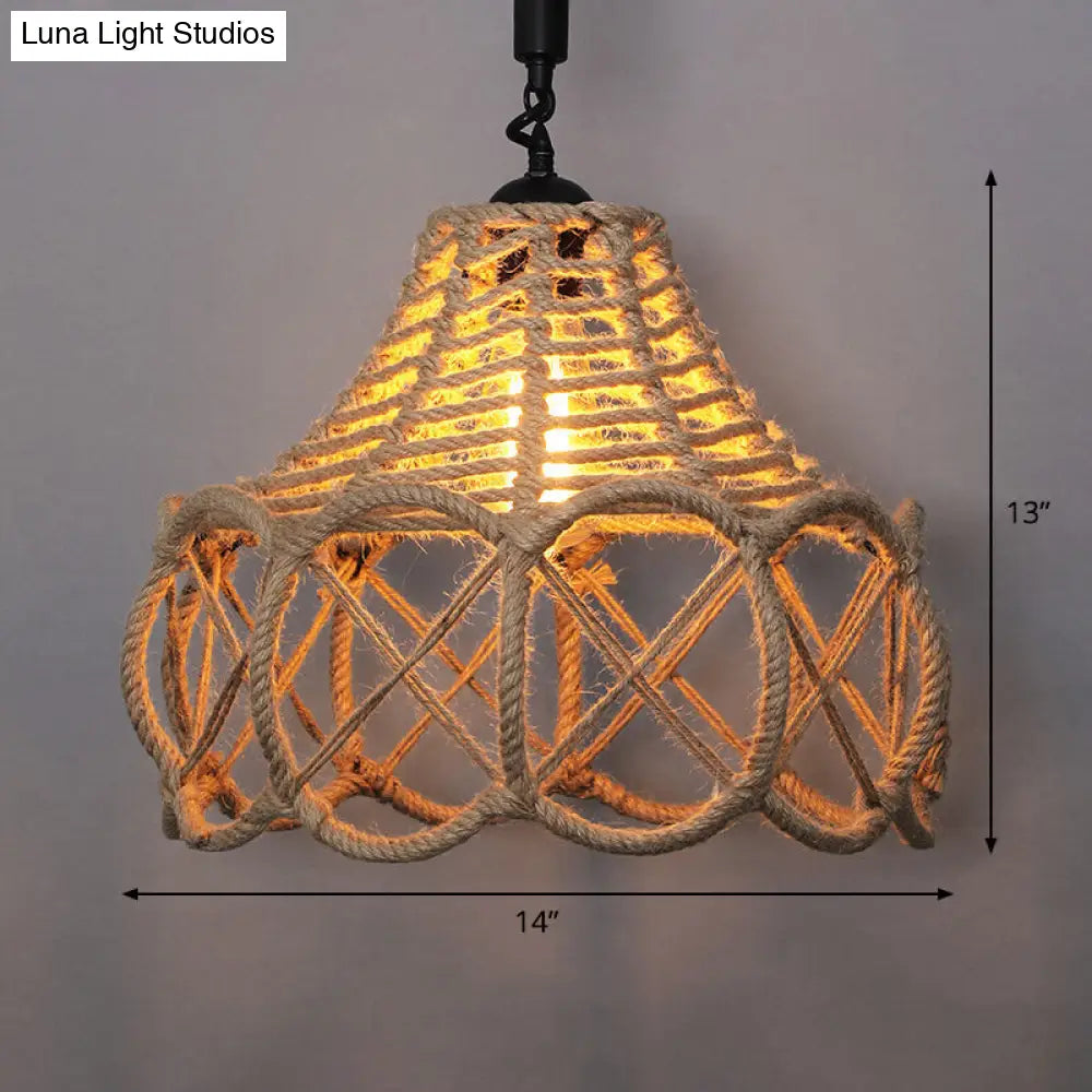 Rustic Wood And Rope Hanging Pendant Light For Restaurants With Single Cage Shade